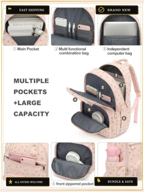 Padded Laptop Backpack for Women, Corduroy Lightweight College Backpack 15.6 main image 5